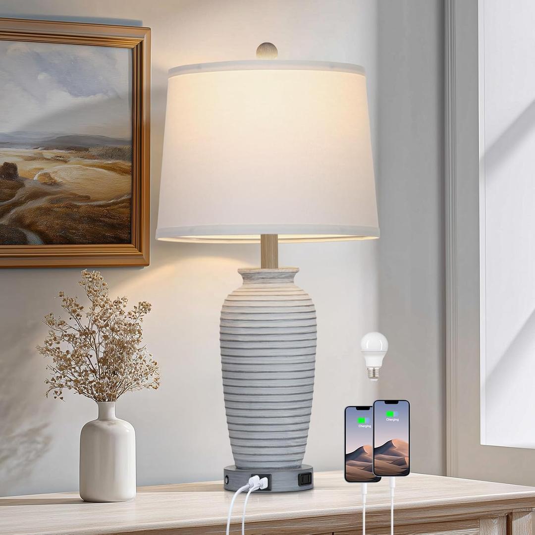 25" Vintage Farmhouse Jar Table Lamps, Single Rustic Bedside Lamp with USB A+C Ports & AC Outlet, Nightstand Lamps for Living Room, Bedroom, End Table, Grey White(LED Bulb Included)