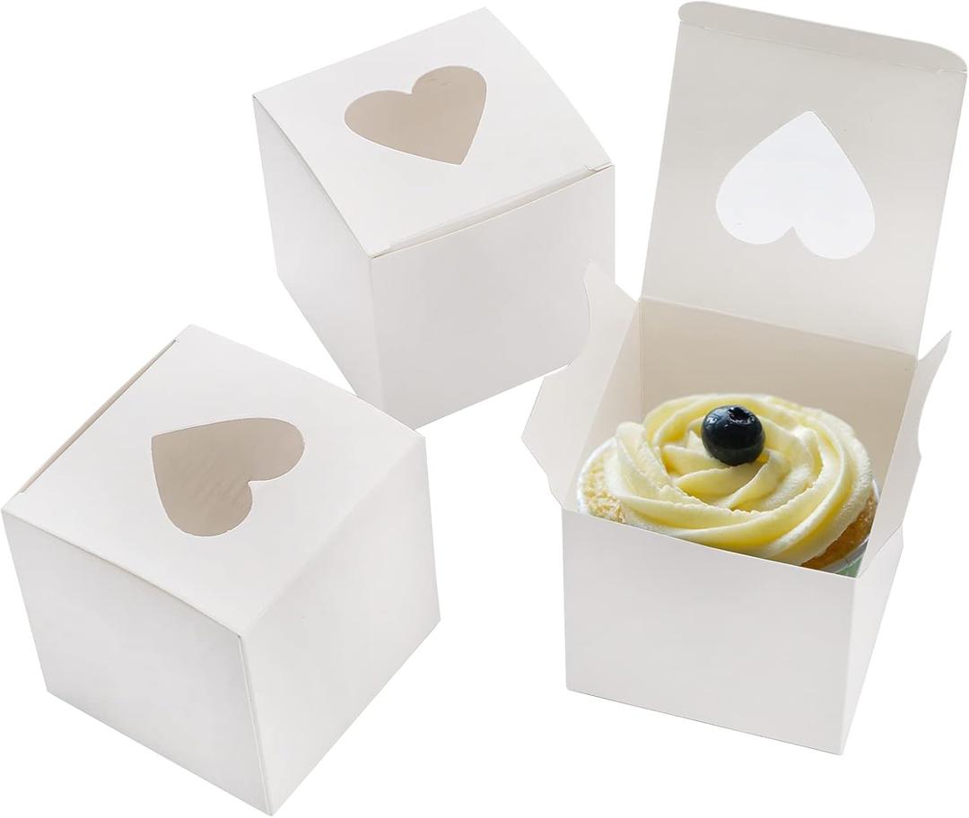 Suwimut 100 Pack White Individual Cupcake Containers with Heart Shaped Window, 3 Inch Small Single Bakery Box Cardboard Holder for Mini Cake Cookie Dessert, Packaging Togo Box for Birthday Party Favor
