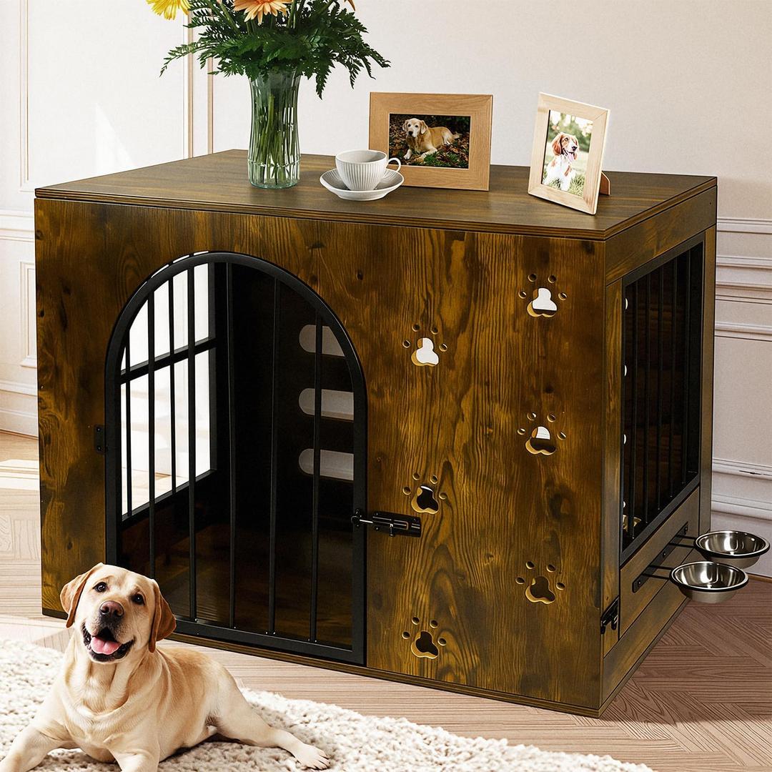 Dog Crate Furniture for Small Medium Dogs, Heavy Duty Wood Metal Indoor Dog Kennel with Bowls, Decorative Pet Cage Dog House as TV Stand, Brown (31.5"L x 21.7"W x 25.2"H)