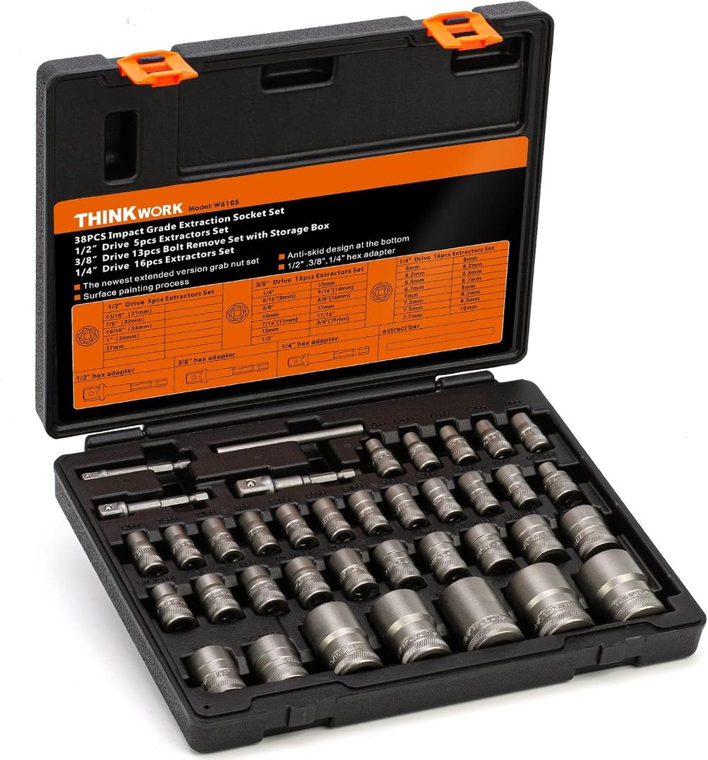 THINKWORK Bolt Extractor Kit, 38-Piece Nut Extractor Socket Set, 1/4" 3/8" 1/2" Drive Rounded Bolt Remover, Lug Nut Removal Tool for Damaged, Rusted, Rounded-Off, Stripped Fasteners