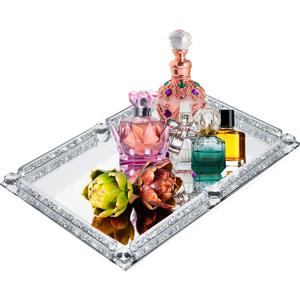 Large Crystal Tray, Glass Mirror Modern Jewelry Trinket Trays with Crushed Diamond, 15.7" x 11.8" Rectangular Makeup Perfume Tray for Bathroom Bedroom, Home Decor, Hotel Banquet, Party (Silver C)