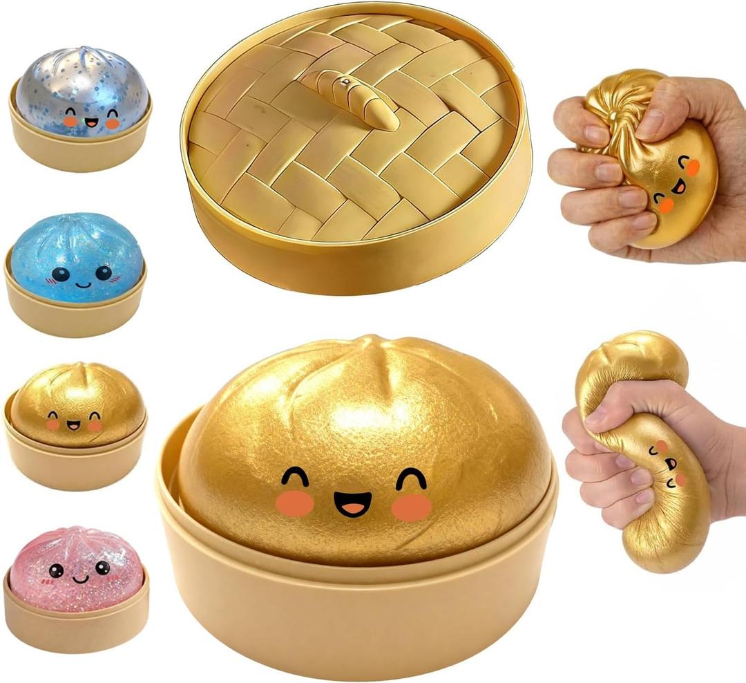 Dumpling Squishy, New Mystery Glitter Dumpling Squishies with Steamer, Sensory Squeeze Toy for Stress Relief, Soft Decompression Dough for Adults Office and Home Use (Gold)