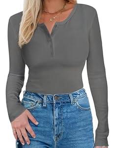 Long Sleeve Shirts for Women, Casual Solid Henley Tops Button Down Shirts, V Neck Blouses Basic Ribbed Knit T Shirts Tunic, Basic Fall Spring T-Shirts for Women for Cocktail Party Holiday (Gray, M)