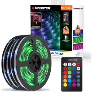 Monster 50 Foot RGB LED Light Strip with Remote Control, 270 RGB LEDs, Adhesive Backing, Coated for Moisture Protection, Dimmable, 24V Plug, 4 Modes Including Strobe, Flash, Fade & Smooth