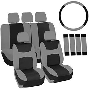 FH Group Universal Fit Gray Black Automotive Seat Covers Combo Set with Steering Wheel Cover and Seat Belt Pad fits Most Cars, SUVs, and Trucks (Airbag Compatible and Split Bench)