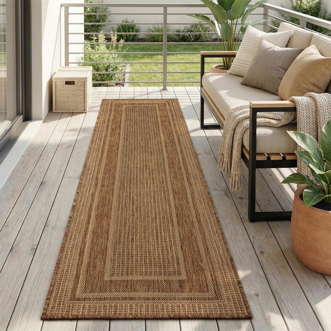 MontVoo-2x8 ft Indoor Outdoor Runner Rugs for Entryway Porch Hallway Kitchen Door Entrance Long, Textured Weave Polypropylene, Durable for High Traffic, Fade-Resistant, Modern Solid Neutral Brown