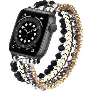 MOFREE Beaded Bracelet Compatible with Apple Watch Band 38mm/40mm/41mm/42mm, Fashion Elastic Stretch Women Bands for iWatch Series 11/10/9/8/7/SE/6/5/4/3/2/1 iPhone Watch Strap Bands (Black/Gray/Gold)
