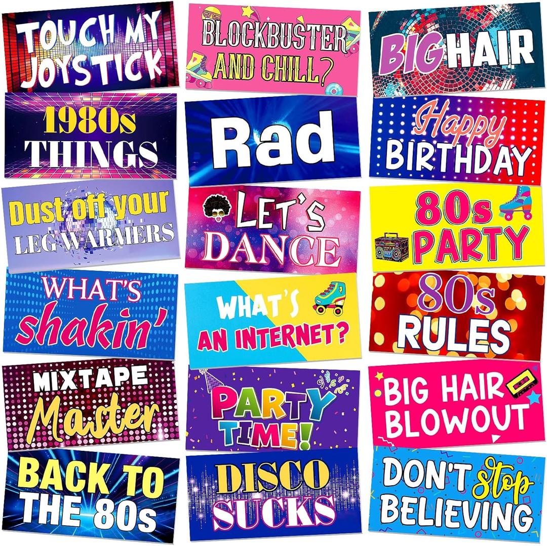 Beeveer 24 Designs 80s Photo Booth Props 1980s Party Decorations Double Sided 11.02 x 5.51'' Funny 70s Disco Birthday Party Decorations DIY Waterproof Selfie Signs PVC Printing Photo Props for Decor