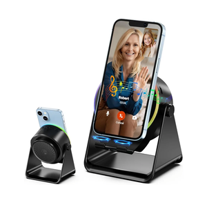 Wireless Induction Speaker, Phone Stand with Bluetooth Speaker Amplifier, Stereo Sound, RGB Ambient Light, 360° Adjustable Phone Holder Compatible with iPhone/iPad/Android/Samsung Galaxy-Black