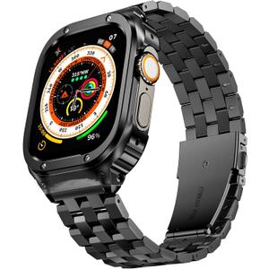 SUPLINK Stainless Steel Case with Band Compatible with Apple Watch Ultra 2/1 49mm Metal Rugged Protector Cover for iWatch Men (Black)