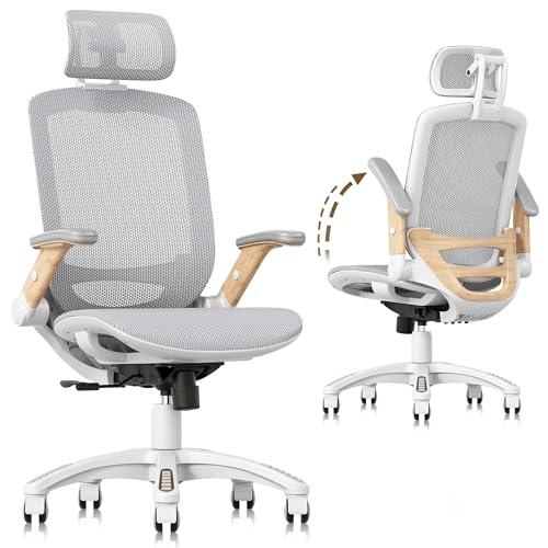 GABRYLLY Ergonomic Office Chair, High Back Home Desk Chair with Flip-Up Arms, Headrest, 90-120° Tilt and Wide Cushion, 300LBS White Mesh Chair for Work Gaming Study (GY01-NT, Woodgrain Pattern)