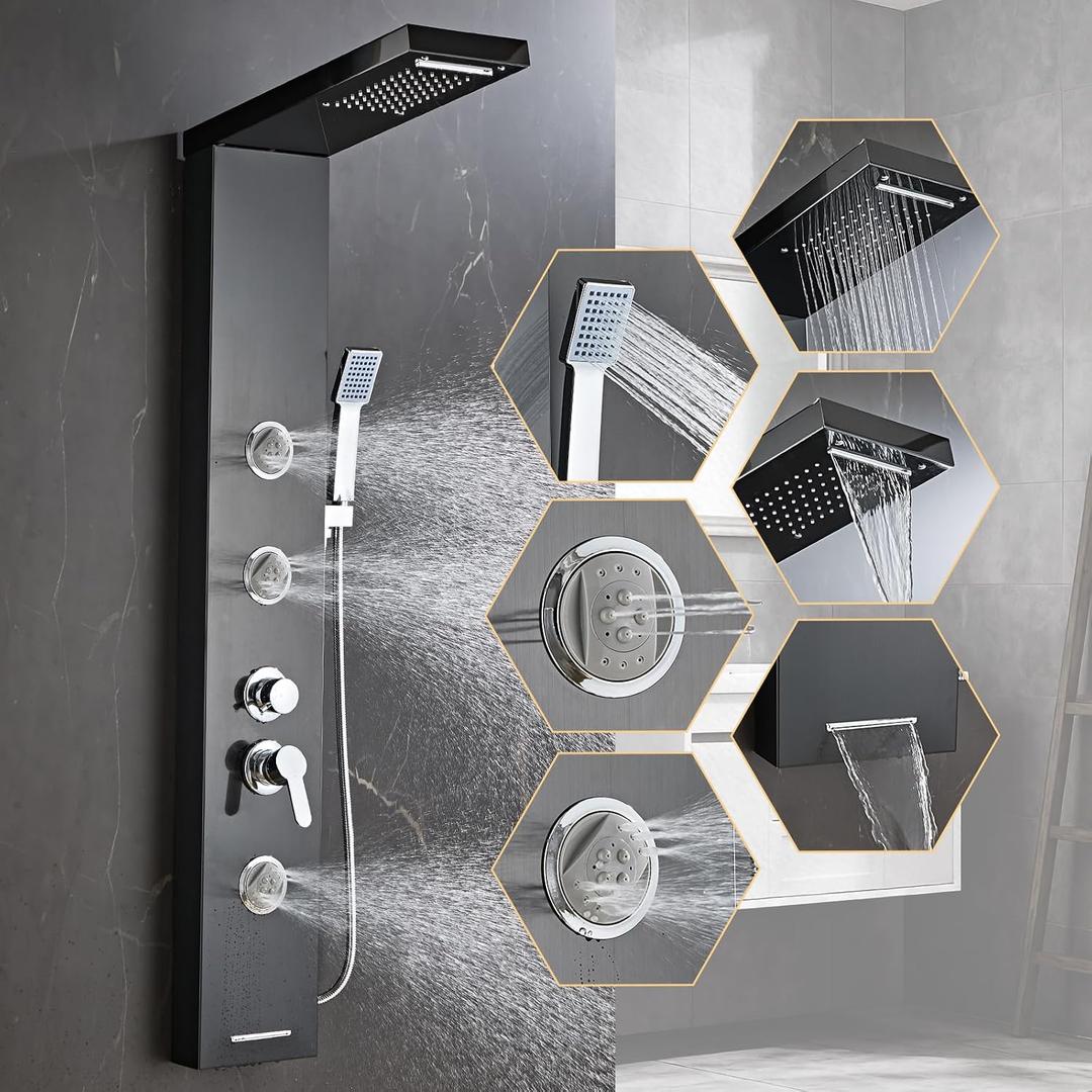 6 in1 Multi-Function Shower Panel Tower System-Brushed Black | 304 stainless steel Shower Panel Column Tower with Powerful Body Massage, Rainfall, Waterfall,Handheld and Tub Spout