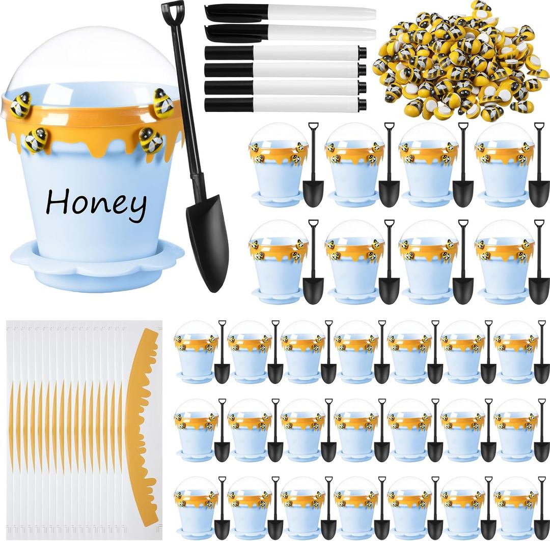 Jingmore 30 Sets Bee Honey Jars Party Favors Bulk, Mini Plastic Bee Theme Honey Jar Pots Decoration with Lids, Dippers and Saucers for DIY Cupcake Dessert Shower Wedding Party Gift Set (Blue)