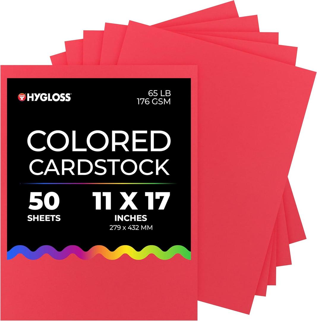 Hygloss Red Bright Colored Cardstock - 11x17-Inch, 50 Sheets, 65 lb/ 176 Gsm, Fade-Resistant, Acid-Free Color Card Stock Paper