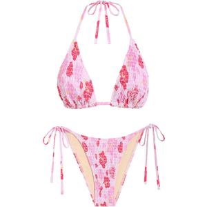 Seamoly Women's Bikini Sets Halter Fishnet Shell Decorated Two Piece Swimsuit Sexy Side Tie Thong Bandeau Bathing Suits, Size XS (Pink Floral)