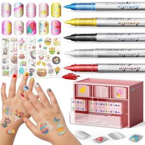 Nail Art Pens Set, DIY Kids Nail Art Kits with Nail Accessories 3D Press-On Nail, Clear Fake Nail Tips, DIY Sticker Nail Drawing Painting Pen for Salon Toys Gifts Toys for Girls