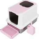RIZZARI Enclosed Cat Litter Box: Large Top & Front Entry - High-Sided Anti-Scatter Design - Stainless Steel Odor Control - Easy Clean Teflon Non-Stick Coating- Pink Litter Pan - Entryway/Closet Nook