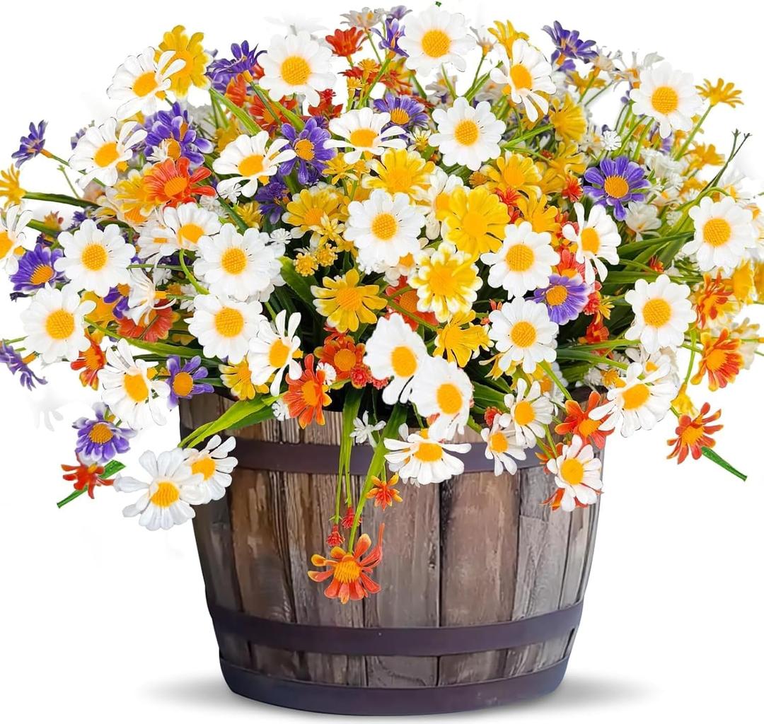 12 Bundles Artificial Daisy Flowers for Outdoors Summer Decor, UV Resistant No Fade Fake Cemetery Flowers Faux Plastic Greenery Plants for Hanging Planter Home Gardens Porch Memorial Day Decor(Colors)