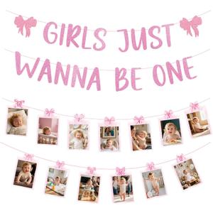 Girls Just Wanna Be One Birthday Decorations, Pastel Pink and Purple Bow Themed Banner and Photo Garland Set, Baby Girl First Birthday Decorations