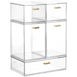 LALOBLUE Set of 5 Stackable Storage Drawers, Clear Acrylic Organizer Bins for Beauty Supplies, Perfect for Makeup Vanity, Undersink, Kitchen, Cabinet,Pantry Organization and Storage