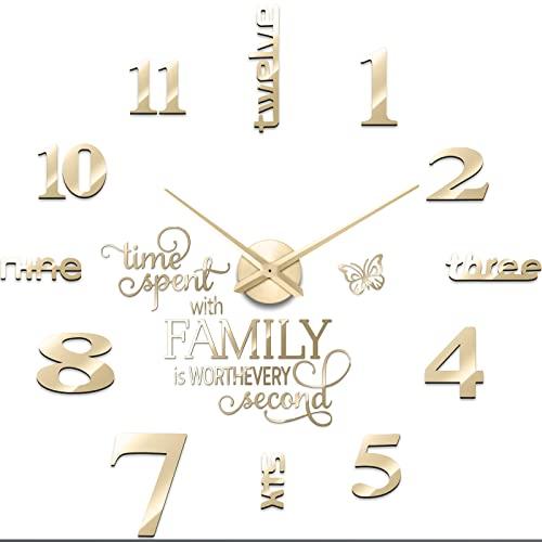 Junkin 3D Large Frameless DIY Wall Clock Modern Decor Family Quote Wall Stickers Clock Kit for Home Living Room Bedroom Office Decorations Adjustable Size(Gold)