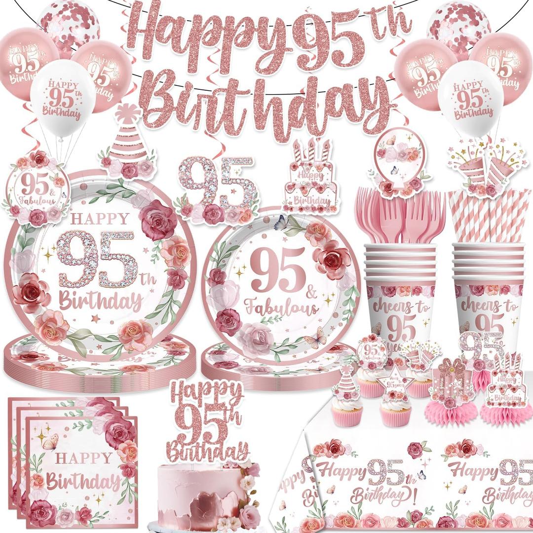 200pcs 95th Birthday Decorations, Fabulous 95th Birthday Plates and Napkins Set with Pre-threaded Banner Tablecloths and Cupcake Toppers Floral 95th Birthday Decorations Serve 25