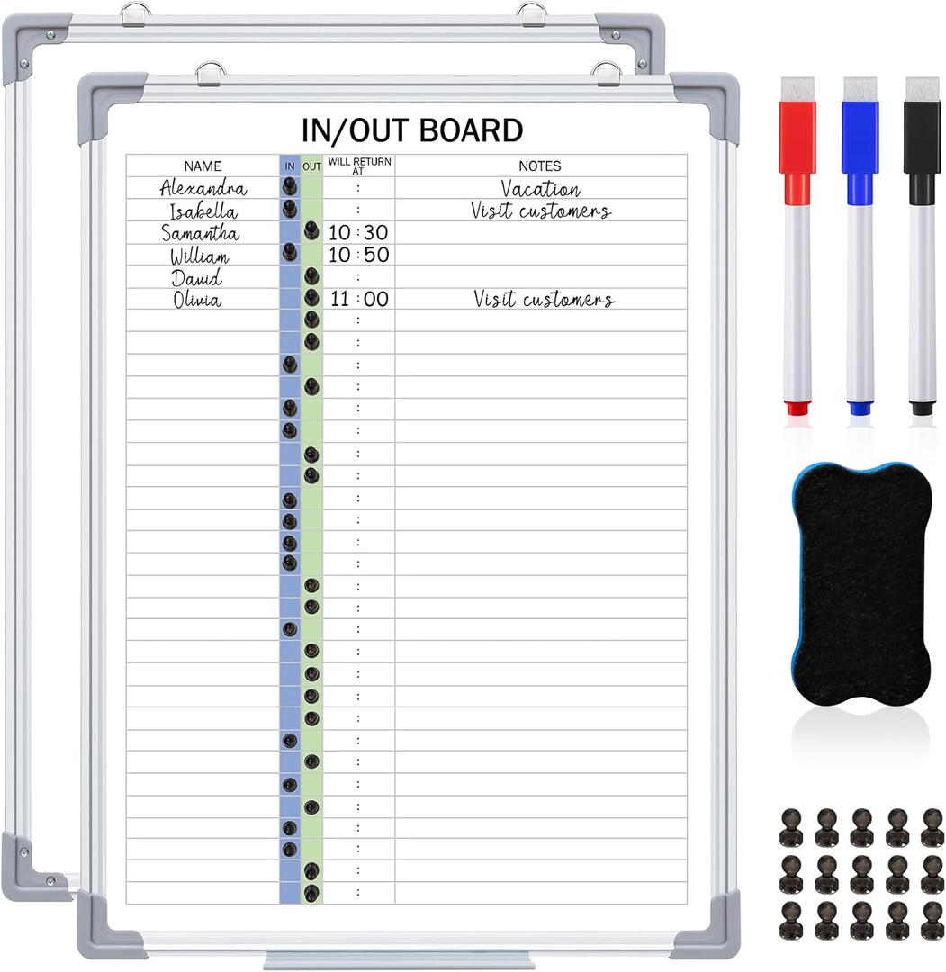 Lincia in and Out Magnetic Dry-Erase Board 24" x 18" Aluminum Framed White Board with Lines 33 Names with Magnetic Dry-Erase Marker, Eraser, and 35 Magnets Wall-Mounted for Office Employee
