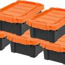 IRIS USA 3 Gallon Lockable Storage Bins with Lids, 5 Pack - Made in USA, Heavy Duty, Stackable Containers, Garage Organizing Bins Moving Tubs, Rugged Sturdy Equipment Utility Box - Black/Orange
