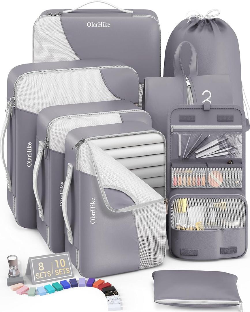 OlarHike 8 Set Packing Cubes for Travel, Sturdy Suitcase Organizer in 4 Sizes (Extra Large, Large, Medium, Small), OlarHike Luggage Cubes with Toiletry Bag, Cruise Ship Gifts for Men (Grey) (8 set (Short-Term Trip))
