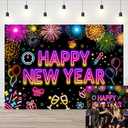 7X5FT Neon Happy New Year Backdrop 2026 Glow in The Dark New Years Eve Party Decorations Banner Colourful Firework Neon Glitter 2026 Nye Party Supplies Photo Props