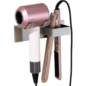 Hair Dryer Holder Wall Mounted, Stainless Steel Blow Dryer Holder for Bathroom, Hair Dryer and Straightener Holder Adhesive or Drilling, Hair Tool Organizer for Salon Barber Shops Banjekt (Silver)