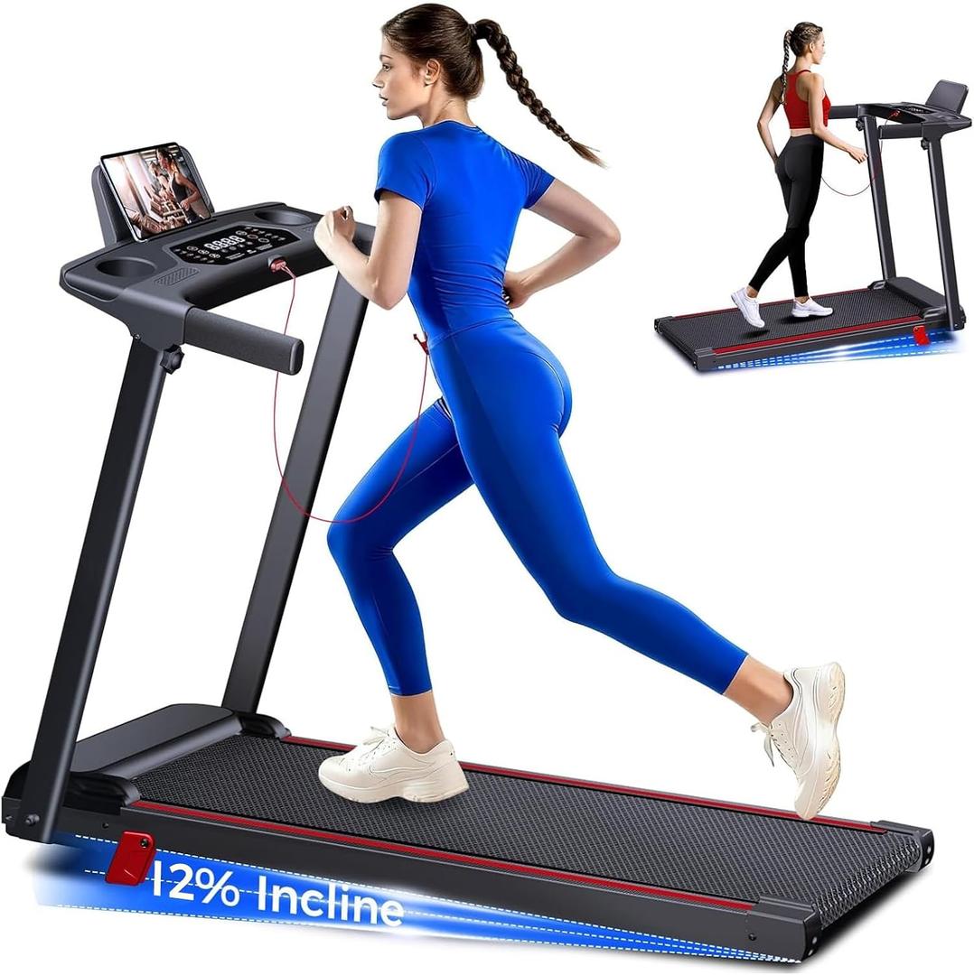 Treadmill with 12% Incline, Walking Pad Treadmill with Handle Bar, Portable Folding Treadmills for Running and Walking, 3.0HP Brushless Motorized, 5 Layers Shock-Absorbing (Black)