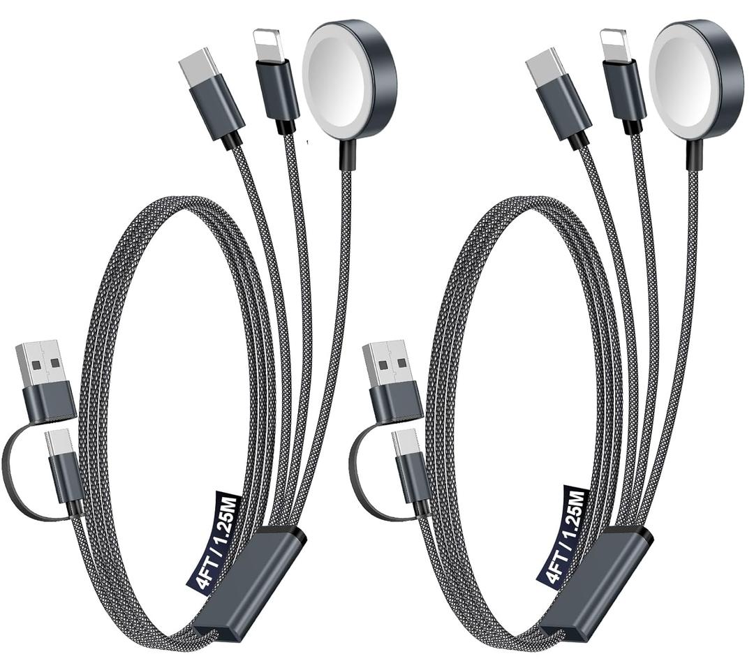 2Pack Multi Charging Cable Cord for Travel Essentials,Apple Watch Charger,iPhone Charger,[3-in-2] Type C/L Cable Portable Designed for iWatch,iPhone 17-8,Galaxy S25-21,AirPods,iPad-4FT Black