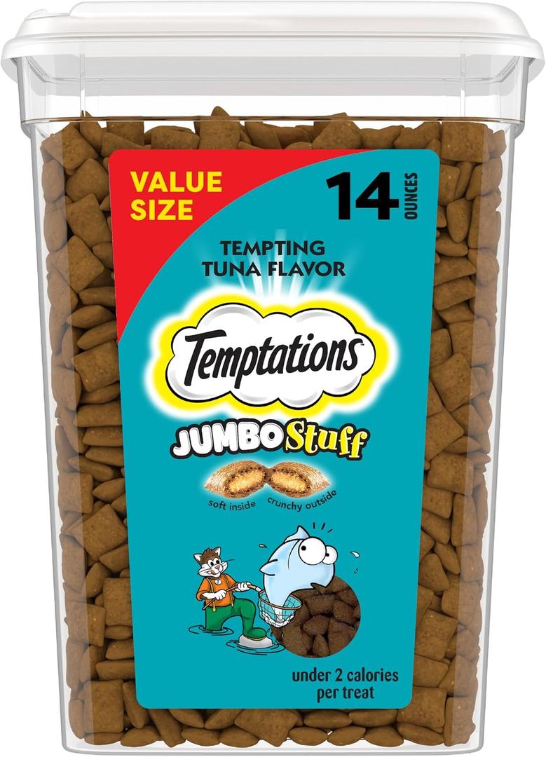 Temptations Jumbo Stuffed Cat Treats, Crunchy and Soft Cat Treats, Tempting Tuna Flavor, 14 oz. Tub (EXP 01/01/28)