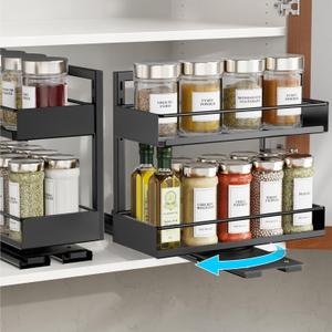 iSPECLE Pull Out Spice Rack - 2 Pack Rotate Peel and Stick No-Drill Vertical Spice Rack Organizer for Cabinet Easy Access Spices, Adjust Height for 4oz to 8oz Spice Jars Inside Kitchen Pantry Cabinet
