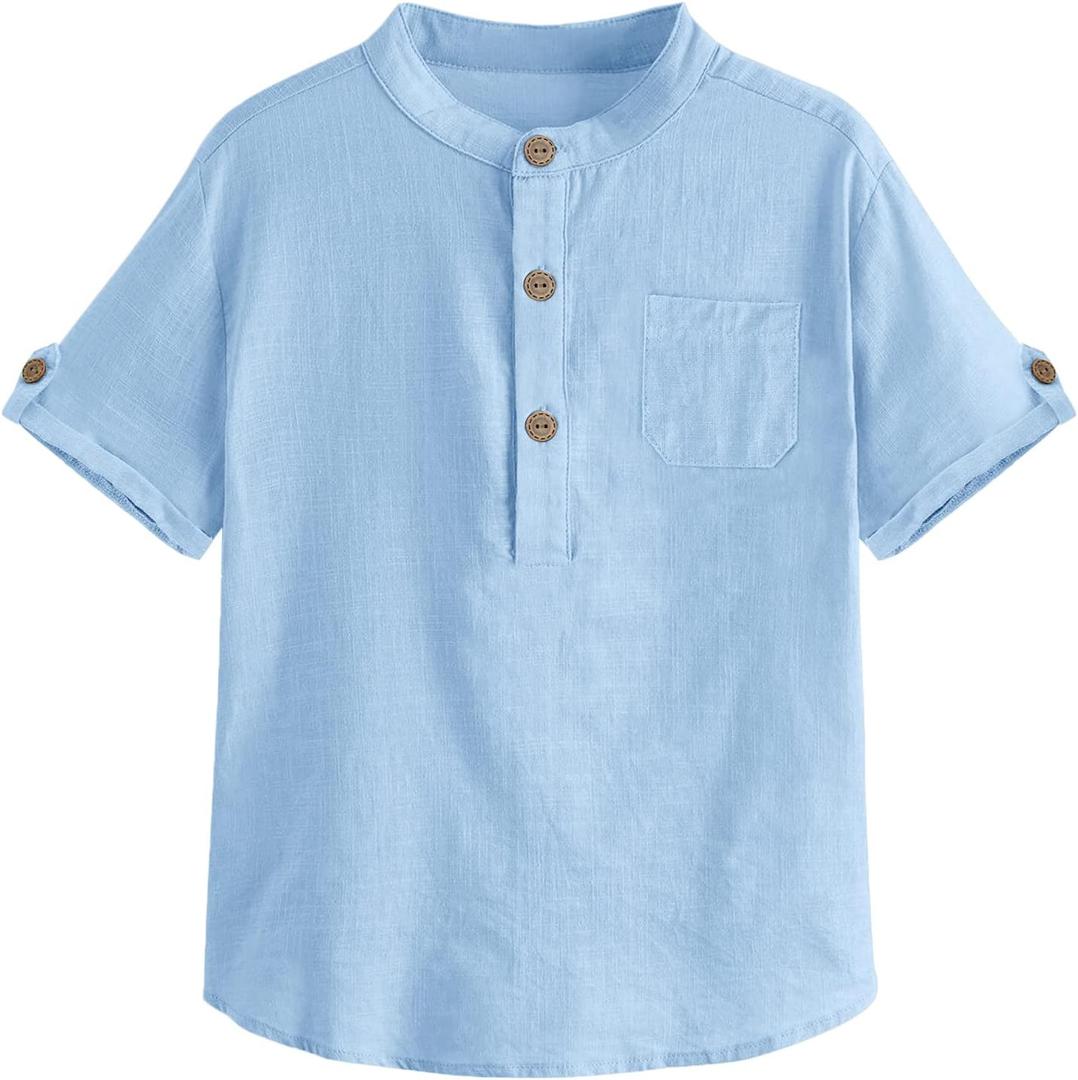 Boys Short Sleeve Henley Shirt Button Up Linen Cotton Dress Shirts Tees Tops with One Pocket (9-10 Years, Sky Blue)