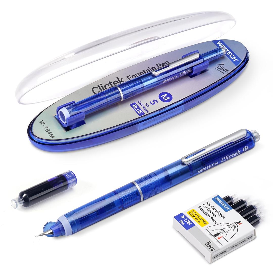 WRITECH Clictek Fountain Pen Retractable: Blue Ink Medium Nib Transparent Barrel, Gift Set Includes 5 Ink Cartridges for Smooth Writing No Leaking, Blue