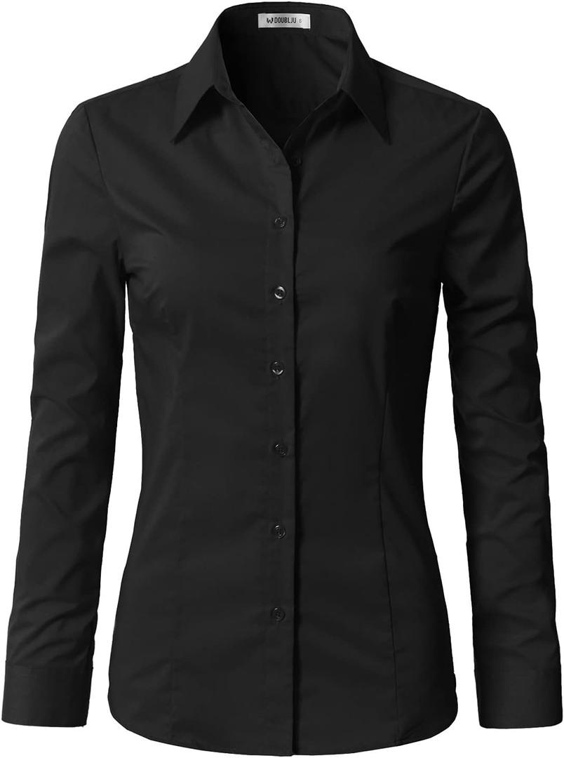 DOUBLJU Classic Dress Shirts Long Sleeve Slim Fit Button Down Y Shirt Basic Casual Soft Blouse Tops for Womens with Plus Size (Black, XXXL)