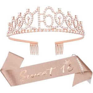 16th Birthday Crown and Sash Kit- "Sweet 16"Birthday Decorations 16th Birthday Party Gifts Birthday Party Supplies for Girls (rose gold)