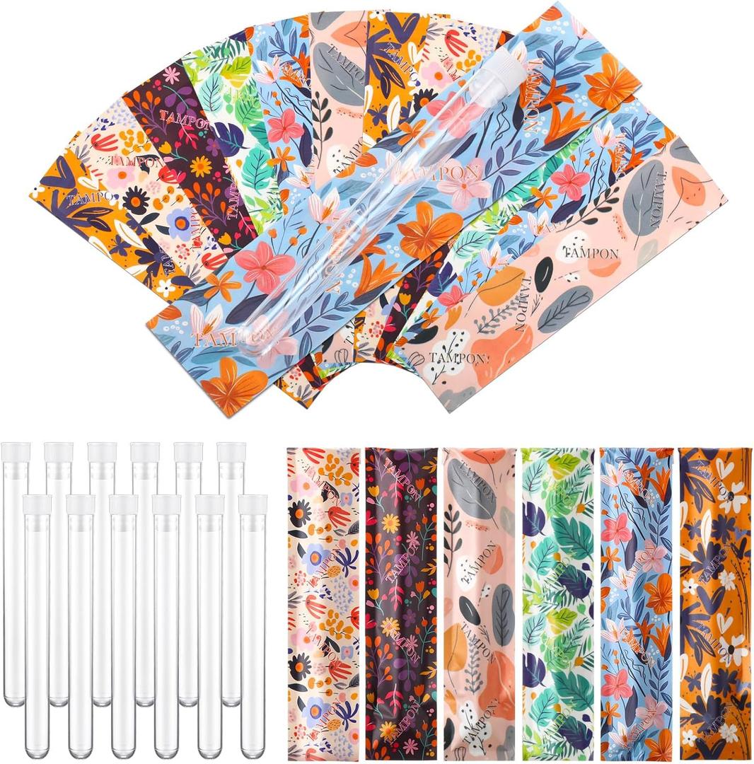 84 Pcs Tampon Flasks Sets, Includes 12 Pcs 0.5 oz Reusable Plastic Tube Flasks for Women Flask Containers, and 72 Pcs Self Adhesive Reusable Tampon Wrappers for Cruise Event, Concert, Outdoor Sports