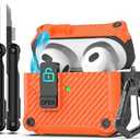 RFUNGUANGO for Airpods 3rd Generation Case with Secure Lock Clip, Full Body Shockproof Hard Shell Protective, AirPods 3 Case for with Apple AirPod 3rd Gen 2021 [Front LED Visible] -Carbon Fiber Orange