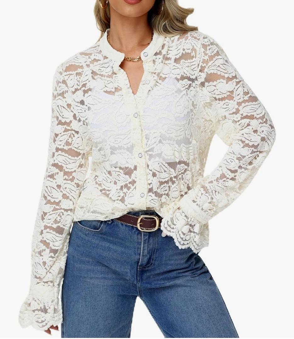Long Sleeve Lace Blouse for Women Dressy Button Down Shirt Crew Neck Eyelet Top Elegant Casual Work Wear (Large, Beige)