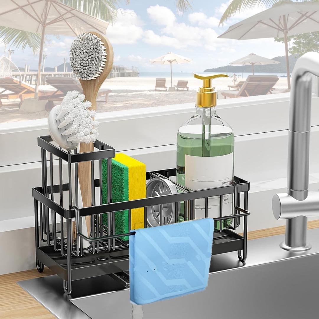 Kitchen Sponge Holder with Compartment Stainless Steel Kitchen Sink Caddy Drainage Sink Caddy Organizer Dish Sponge Organizer with Removable Drip Tray Caddy Sink Brush Holder for Brush Coun