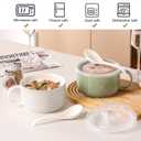 Ceramic Soup Bowls with Lids: 38 Ounce Extra Large Soup Mug with Handle & Spoon - Oversized Microwave Ramen Bowl Set of 2, 6 Inch, Green & White