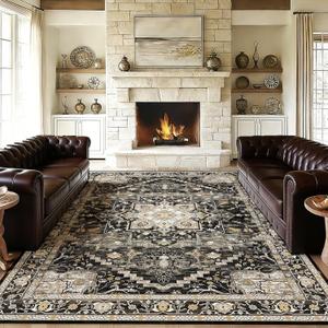 9x12 Washable Area Rug for Living Room, Non-Slip Soft Boho Vintage Medallion Carpet, Low Pile Distressed Rugs for Bedroom, Dining Room, Home Office, Dorm, Indoor Decor, Black Gold