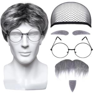 4-Piece Old Man Costume Set: Wig, Wig Cap, Glasses, Fake Beard & Eyebrows - Adult Unisex Cosplay Accessories - Masquerade, Birthday, Wedding, Halloween & More