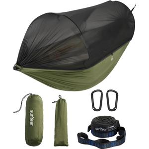 Sunyear Camping Hammock with Net - Double&Single Hammock with House-Like Net- Easy Setup & Pack, Lightweight & Portable, Perfect for Hiking, Backpacking, Outdoor Sleeping (106"L x 55"W, Green)