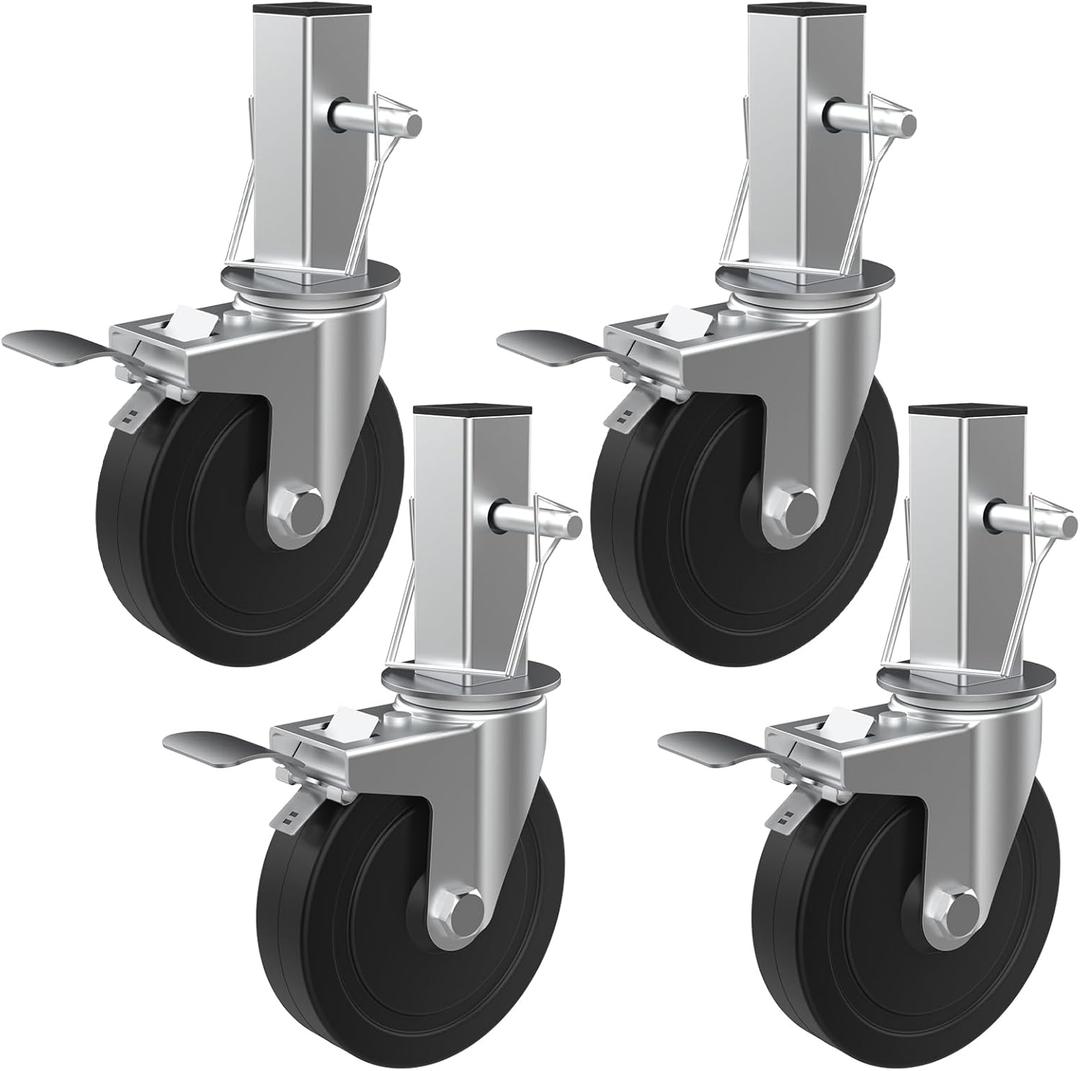 5 Inch Scaffolding Casters, Set of 4 Heavy Duty Baker Scaffold Wheels with Dual Locking Brakes, Rubber Casters Square 1-1/4" Stem Replacement for 6ft Baker Scaffold, 440LBS Capacity per Caster