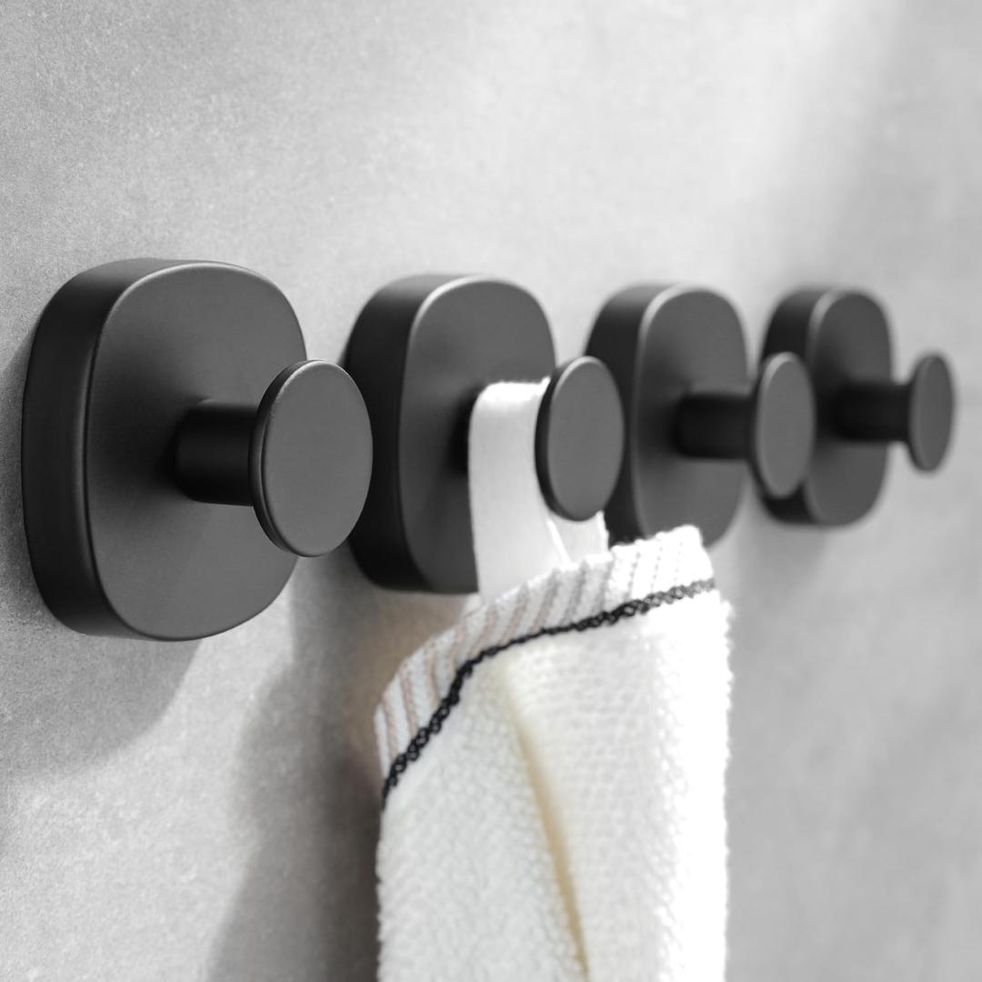 4 Pcs Suction Cup Hooks for Inside Shower, Stainless Steel Heavy Duty Towel Hook Shower Towel Holder for Bathroom, Kitchen, Glass Door, Mirror, Tile-Loofah, Towel, Coat, Bath Robe (Round, Black)