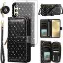 Phone Cover for Samsung Galaxy A36 5G Wallet Case Cell Zipper with Tempered Glass Screen Protector Crossbody Lanyard Strap Bling Glitter Flip Card Holder Slot A 36 36A LTE SM-A366U Women Girls Black